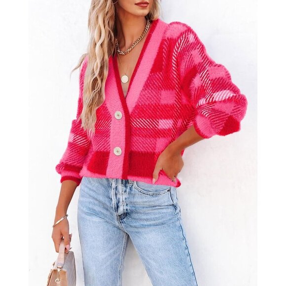 Women's Plaid Knit Cardigan Small Cozy V Neck Button Long Sleeve Fall - Picture 3 of 5